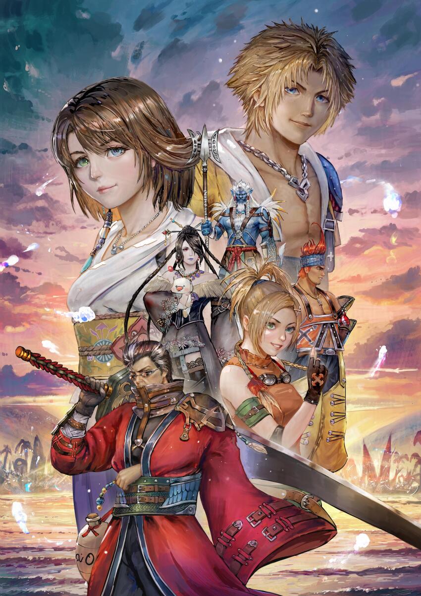 3girls 4boys absurdres arm_sling arm_strap auron bare_shoulders beads belt belt_skirt black_hair blonde_hair blue_eyes blue_fur blue_hakama blue_headband blue_skin braid broken_horn brown_hair cat_nose chain chain_necklace closed_mouth colored_skin commentary dress english_commentary final_fantasy final_fantasy_x fingerless_gloves fur-trimmed_dress fur_trim gloves goggles goggles_around_neck gourd green_eyes hair_beads hair_ornament hair_over_one_eye hair_stick hakama hakama_skirt headband heterochromia high_collar highres holding holding_behind_back holding_sword holding_sword_behind_back holding_weapon holding_weapon_behind_back horns japanese_clothes jewelry kimahri_ronso lipstick long_hair looking_at_viewer lulu_(ff10) makeup mole mole_under_mouth moogle multicolored_hair multiple_boys multiple_braids multiple_girls multiple_necklaces necklace outdoors overalls parted_lips pectorals print_hakama purple_lips red_eyes rikku_(ff10) short_hair single_horn skirt staff_(ff10) streaked_hair sunglasses sunset sword tidus tim_kong tree wakka water waves weapon wide_sleeves yuna_(ff10)