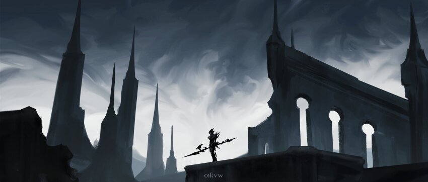 1boy absurdres architecture armor building cloud cloudy_sky commentary dragoon english_commentary estinien_varlineau final_fantasy final_fantasy_xiv full_armor greyscale helmet highres holding holding_polearm holding_weapon monochrome oikvw outdoors polearm scenery sky solo spiked_armor standing weapon