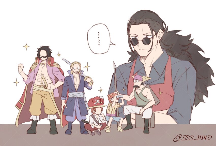 6+boys abs apron beard black_hair black_shirt blonde_hair buggy_the_clown closed_mouth coat coat_on_shoulders commentary crocus_(one_piece) epaulettes facial_hair figure full_body glasses gol_d._roger highres holding holding_sword holding_weapon long_hair multiple_boys one_piece pants red_apron round_eyewear scopper_gaban shanks_(one_piece) shirt short_hair silvers_rayleigh simple_background sitting sparkle sss_maro sword twitter_username weapon white_background yellow_pants