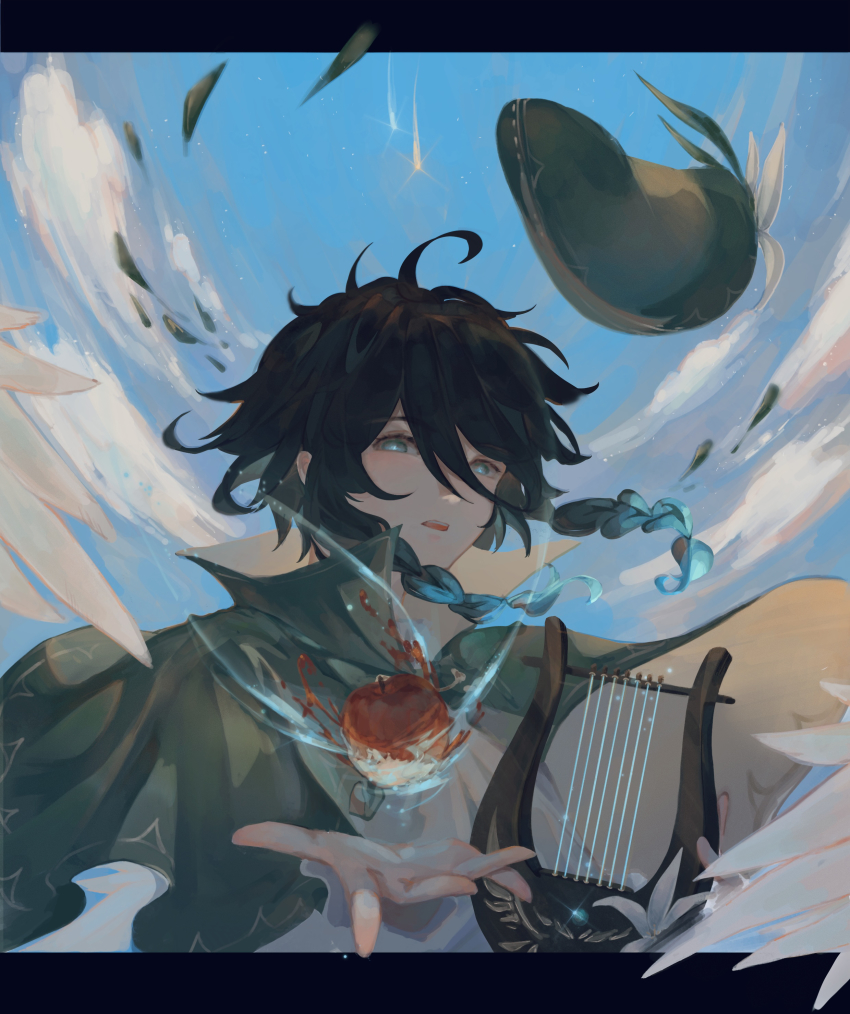 1boy absurdres androgynous beret black_hair blue_hair braid cape cloud cloudy_sky collared_cape comet day feathered_wings flower frilled_sleeves frills genshin_impact gradient_hair green_eyes green_hat hat hat_flower highres holding holding_instrument instrument leaf long_sleeves looking_at_viewer lyre male_focus multicolored_hair open_mouth outdoors qiqi~ ripping shirt short_hair_with_long_locks sky solo twin_braids venti_(genshin_impact) white_flower white_shirt wind wings