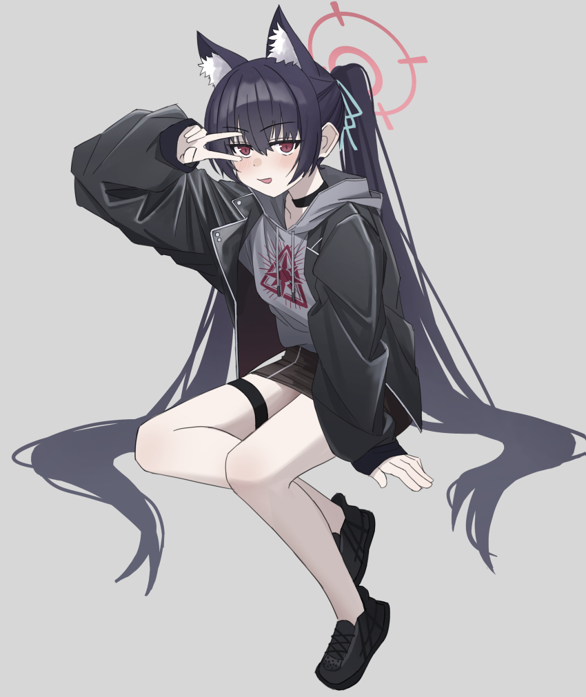 1girl :d absurdres abydos_high_school_logo alternate_costume animal_ear_fluff animal_ears arm_at_side black_choker black_hair black_jacket black_shoes black_skirt blue_archive blue_ribbon blush cat_ears cat_girl choker commentary cross-laced_shoes doumu_(31678316) extra_ears full_body grey_background grey_hoodie hair_between_eyes hair_ribbon halo hand_up highres hood hood_down hoodie invisible_chair jacket long_hair looking_at_viewer miniskirt open_clothes open_jacket open_mouth pencil_skirt pink_halo print_hoodie red_eyes ribbon serika_(blue_archive) shoes simple_background sitting skirt sleeves_past_wrists smile solo straight_hair thigh_strap twintails v v_over_eye very_long_hair