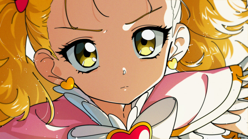 1girl blonde_hair capelet closed_mouth earrings frown futari_wa_precure futari_wa_precure_max_heart heart heart_earrings highres jewelry long_hair nzeneee pink_capelet portrait precure shiny_luminous solo twintails yellow_eyes