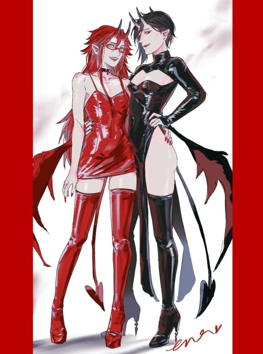 alternate_costume black_hair boots covered_erect_nipples covered_navel demon_horns demon_tail dress ena33333333 eyewear_strap glasses grell_sutcliff high_heel_boots high_heels highres horns kuroshitsuji latex latex_dress long_hair pale_skin pointy_ears red-framed_eyewear red_hair sebastian_michaelis sharp_teeth skinny smile tail teeth thigh_boots wings
