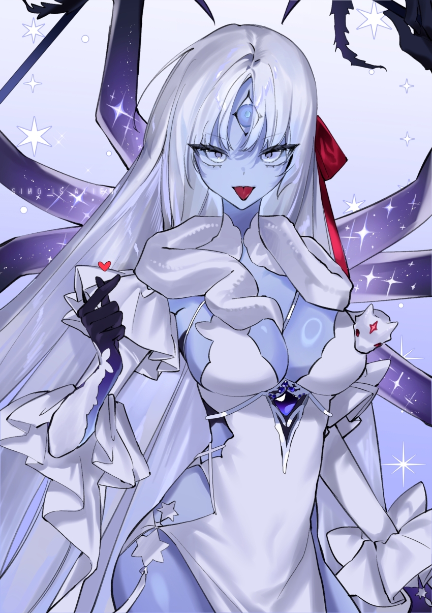 1girl absurdres bare_shoulders blue_eyes blue_skin breasts cleavage colored_skin dress earrings extra_arms fate/grand_order fate_(series) hair_ribbon highres jewelry kali_(fate) kali_(fgo_fes._2025)_(fate) large_breasts long_hair looking_at_viewer ribbon siho_is_alien snake solo third_eye very_long_hair white_dress white_hair