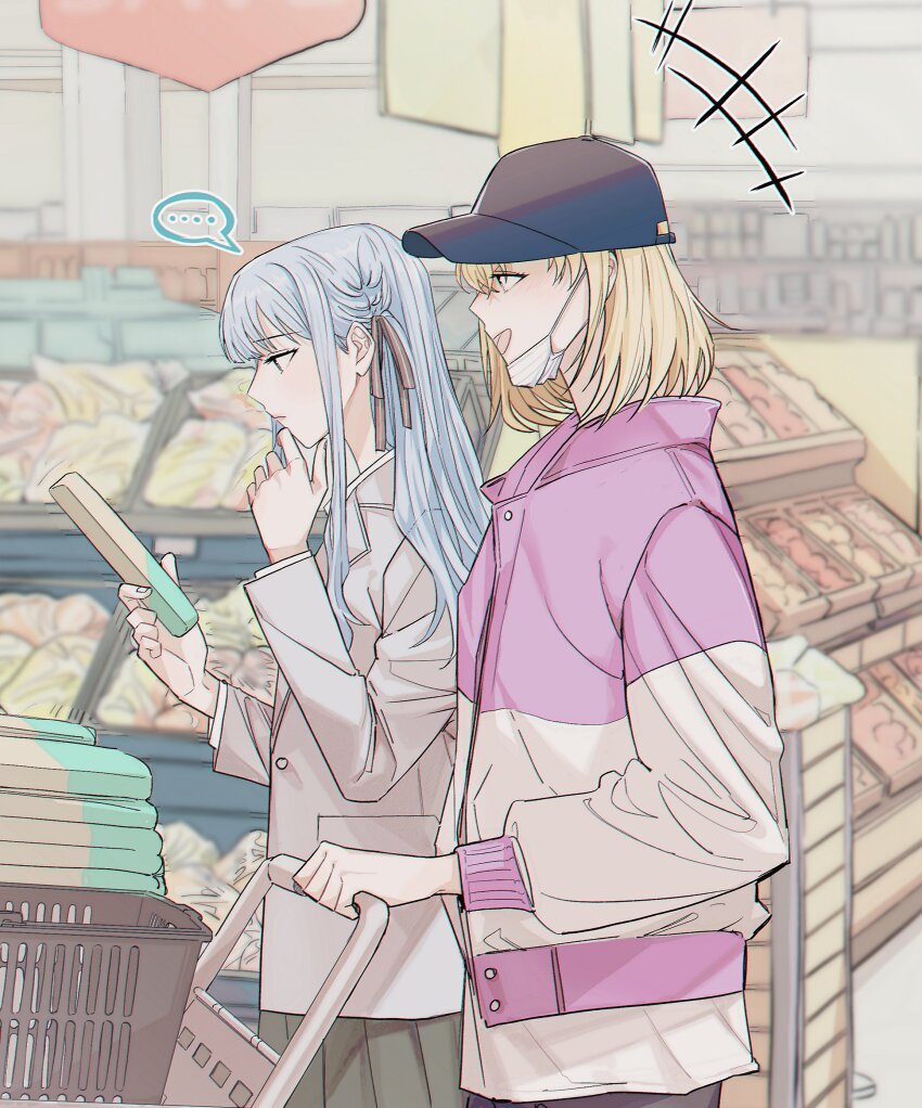 ... 2girls absurdres bang_dream! bang_dream!_it&#039;s_mygo!!!!! baseball_cap black_hat blonde_hair blue_hair blush closed_mouth commentary_request green_skirt grey_jacket hair_between_eyes hair_ribbon haneoka_school_uniform hat highres jacket kimboogakk77 korean_commentary long_hair long_sleeves mask mask_pull medium_hair misumi_uika mouth_mask multicolored_jacket multiple_girls open_mouth pleated_skirt purple_jacket ribbon school_uniform shopping_cart sidelocks skirt spoken_ellipsis supermarket togawa_sakiko two-tone_jacket white_jacket white_mask