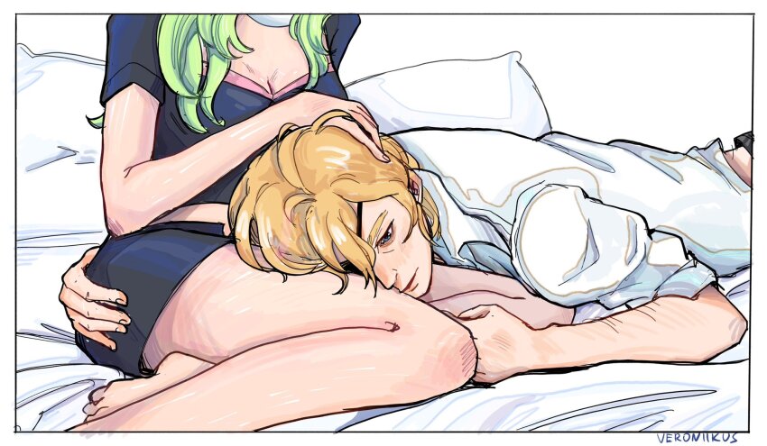 1boy 1girl arm_hair artist_name barefoot bed black_pants black_shirt black_shorts blonde_hair blue_eyes border breasts cleavage closed_mouth commentary dimitri_alexandre_blaiddyd dimitri_alexandre_blaiddyd_(timeskip) english_commentary female_byleth_(enlightened)_(fire_emblem) female_byleth_(fire_emblem) fire_emblem fire_emblem:_three_houses hand_on_another&#039;s_ass hand_on_another&#039;s_head hetero highres lap_pillow lying nintendo on_stomach pants parted_bangs photo-referenced pillow shirt short_sleeves shorts sitting sleeve_cuffs veroniikus wavy_hair white_shirt