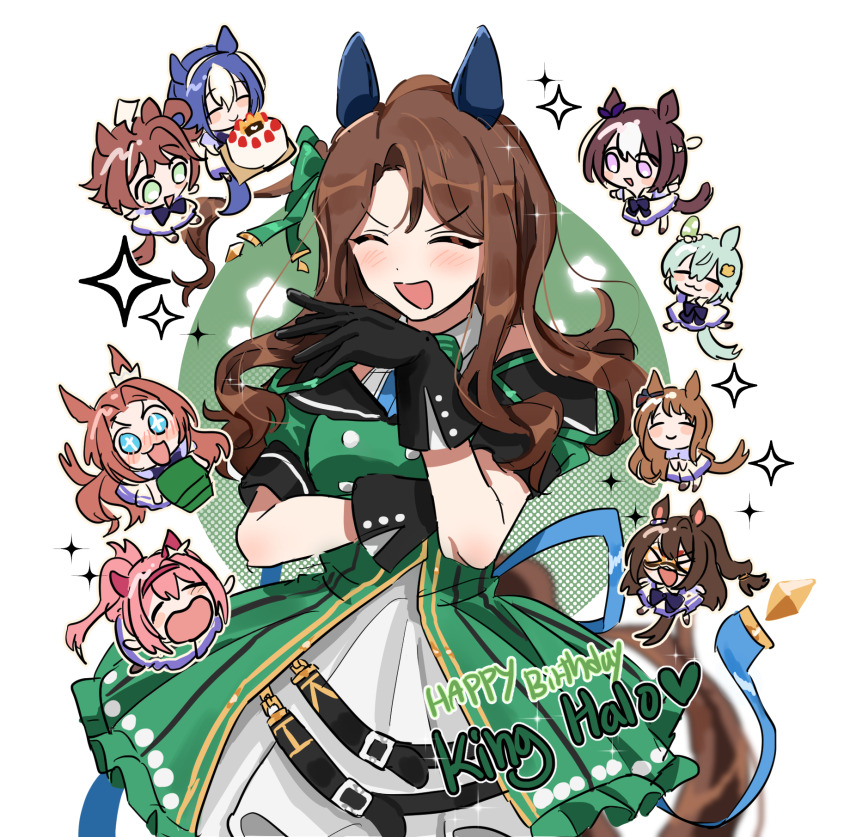 &gt;_&lt; +_+ 6+girls :3 :d =_= ^_^ ahoge animal_ears birthday_cake black_gloves blue_hair bow brown_hair cake cesario_(umamusume) chibi chibi_inset closed_eyes cowboy_shot domino_mask dress ear_bow ear_covers el_condor_pasa_(umamusume) food gloves golden_generation_(umamusume) grass_wonder_(umamusume) green_bow green_dress green_eyes green_hair hair_intakes happy_birthday haru_urara_(umamusume) headband highres horse_ears horse_girl horse_tail kawakami_princess_(umamusume) king_halo_(umamusume) long_hair mask multicolored_hair multiple_girls open_mouth pink_hair pink_headband ponytail purple_eyes rhein_kraft_(umamusume) school_uniform seiun_sky_(umamusume) short_hair single_ear_cover smile solo_focus sparkle special_week_(umamusume) tail tracen_school_uniform two-tone_hair umamusume unseuking0427