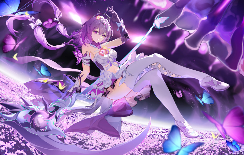 1girl absurdres asymmetrical_gloves bare_shoulders black_tiara blue_butterfly bug butterfly castorice_(honkai:_star_rail) dress ederh elbow_gloves floating floating_hair flower full_body gloves hair_between_eyes high_heels highres honkai:_star_rail honkai_(series) insect long_hair looking_at_viewer navel parted_lips pointy_ears purple_butterfly purple_eyes purple_flower purple_gloves purple_hair solo thighhighs tiara uneven_gloves very_long_hair white_dress white_thighhighs