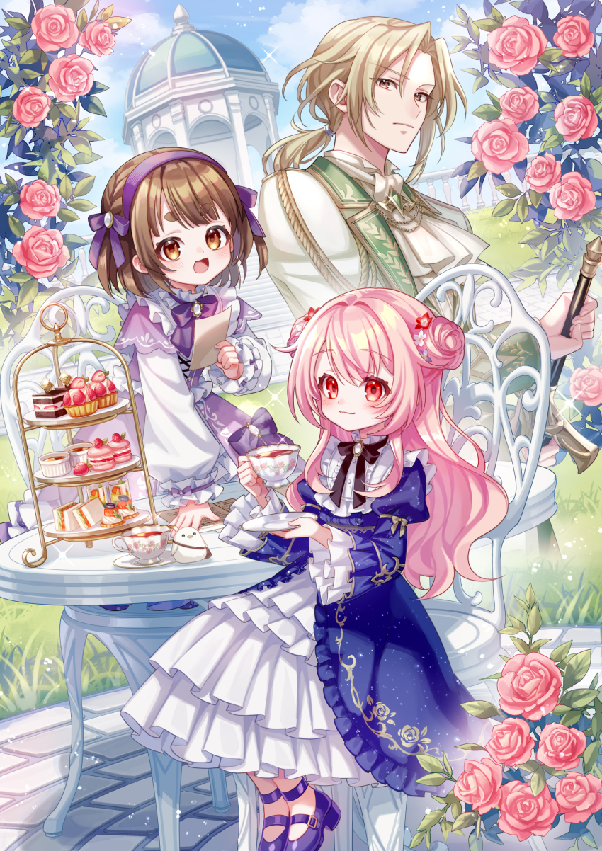1boy 2girls absurdres ascot black_ribbon blonde_hair blue_dress brooch brown_eyes brown_hair cake closed_mouth copyright_request cup double_bun dress flower food frilled_dress frills garden gazebo hair_bun hair_ribbon hairband hand_on_hilt highres holding holding_cup jacket jewelry long_dress long_hair long_sleeves looking_at_another multiple_girls neck_ribbon official_art on_chair open_mouth outdoors pink_flower pink_hair pink_rose ponytail purple_dress purple_hairband purple_ribbon red_eyes ribbon rose side_up_bun sitting smile suzaku_(zaku6584) sword table tea_party teacup tiered_tray weapon white_ascot white_jacket