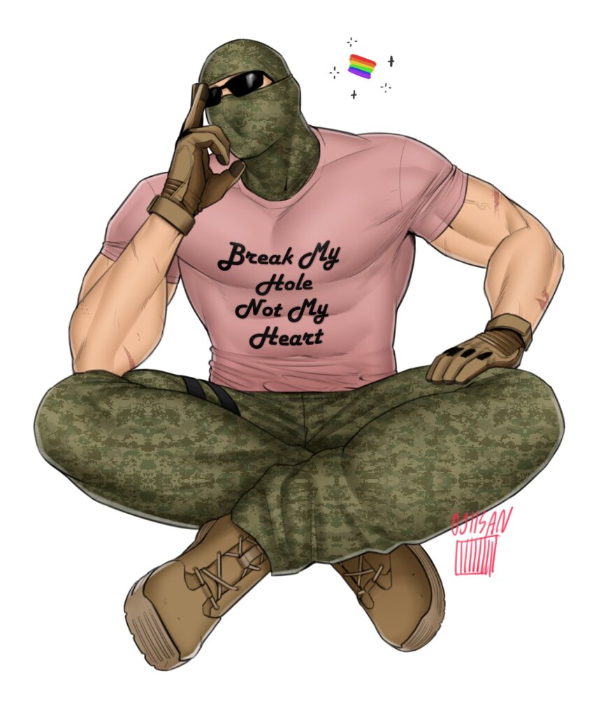 1boy bara brown_gloves call_of_duty call_of_duty:_modern_warfare_2 camouflage camouflage_pants english_text gloves green_pants highres horangi_(modern_warfare_2) indian_style large_pectorals lgbt_pride male_focus mask muscular muscular_male ojiisan01 pants pectorals pink_shirt rainbow_flag shirt shirt_writing simple_background sitting solo sunglasses white_background