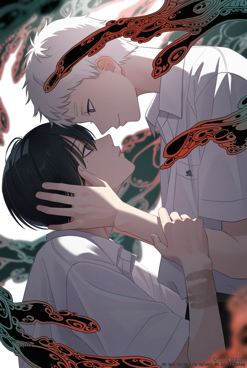 2boys absurdres black_hair collared_shirt handprint highres hikaru_ga_shinda_natsu indou_hikaru male_focus mole mole_under_eye multiple_boys pants school_uniform shirt shirt_tucked_in short_hair short_sleeves smile tsujinaka_yoshiki white_hair white_shirt yaoi yugake_(mrnmrm)