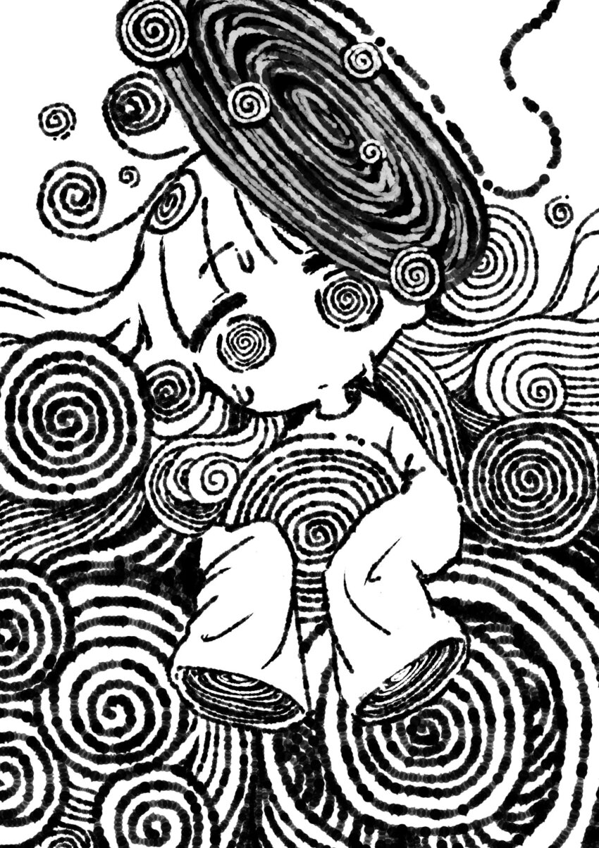 1girl @_@ commentary_request expressionless greyscale head_tilt highres holding long_hair long_sleeves monochrome original sleeves_past_fingers sleeves_past_wrists solo spiral sweat z2tdrcyvvjjk0gl