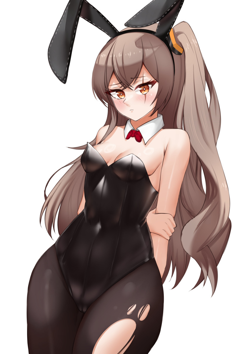 1girl absurdres alternate_costume animal_ear_hairband animal_ears black_leotard black_pantyhose bow bowtie breasts brown_eyes brown_hair cowboy_shot detached_collar fake_animal_ears girls&#039;_frontline hairband highres leotard long_hair looking_at_viewer medium_breasts notporred one_side_up pantyhose playboy_bunny rabbit_ears red_bow red_bowtie scar scar_across_eye scar_on_face side_ponytail simple_background solo strapless strapless_leotard toradora! torn_clothes torn_pantyhose ump45_(girls&#039;_frontline) white_background