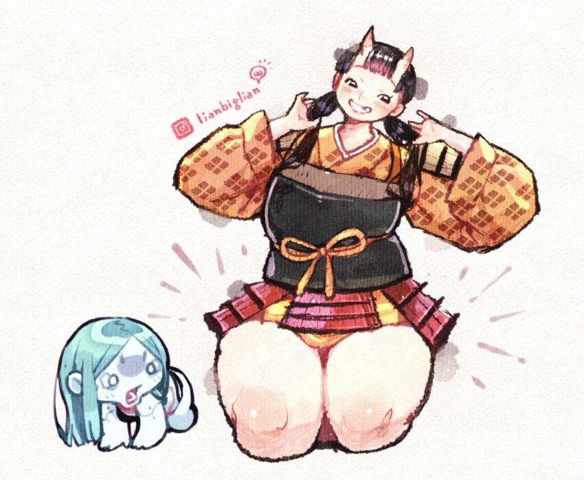 2girls chibi company_connection cyberpunk_(series) cyberpunk_edgerunners cyborg dungeon_meshi horns inutade japanese_clothes kneeling lianbiglian multiple_girls oni open_mouth rebecca_(cyberpunk) simple_background size_difference smile thick_thighs thighs trigger_(company)