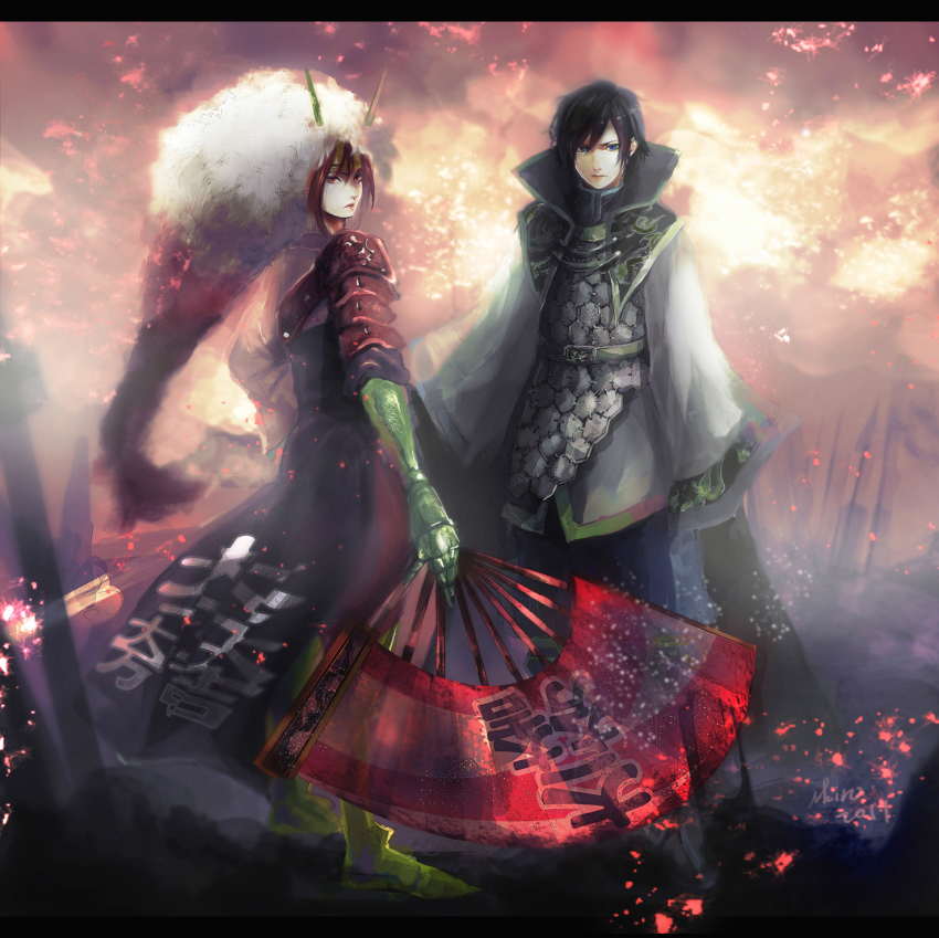 2boys armor asymmetrical_clothes belt black_hair blue_eyes brown_eyes brown_hair cao_pi_(shin_sangoku_musou) fire folding_fan frown gauntlets hand_fan headband headdress high_collar highres holding holding_fan horns ihiro ishida_mitsunari ishida_mitsunari_(sengoku_musou) letterboxed long_sleeves male_focus multiple_boys musou_orochi outdoors pauldrons sengoku_musou shin_sangoku_musou shoulder_armor signature single_horn sky sleeves_past_wrists sneer toyotomi_hideyoshi_(sengoku_musou) weapon