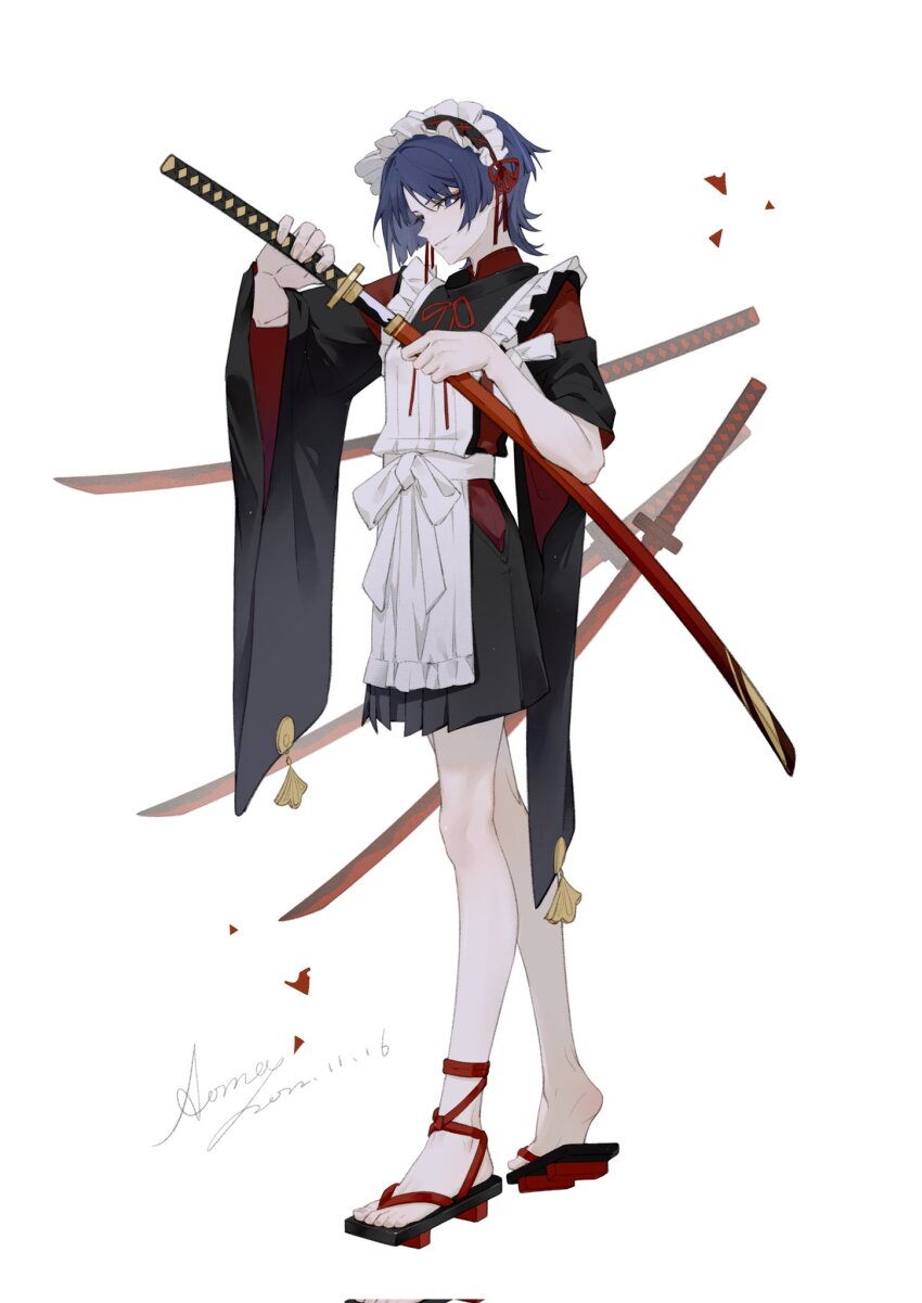 1boy alternate_costume aoma_(xuanzexuexi) apron black_hairband black_sand black_shorts black_sleeves blunt_ends bow bright_pupils clothing_cutout cross-laced_hairband crossdressing dated enmaided eyeliner eyeshadow fingernails frilled_apron frilled_hairband frills full_body furisode genshin_impact geta hair_ribbon hairband hakama hakama_shorts hands_up highres hip_vent holding holding_sheath holding_sword holding_weapon japanese_clothes kariginu katana kimono kuronushi_(genshin_impact) layered_kimono layered_sleeves looking_at_viewer maid maid_apron makeup male_focus male_maid mandarin_collar multicolored_hair parted_lips pleated_shorts purple_eyes purple_hair red_eyeliner red_eyeshadow red_kimono red_ribbon red_rope red_sleeves ribbon rope scaramouche_(genshin_impact) sheath shorts side_cutout signature sleeves_rolled_up smirk solo standing streaked_hair sword tasuki toenails toes unsheathing wa_maid weapon white_apron white_background white_bow white_mouth white_pupils wide_sleeves