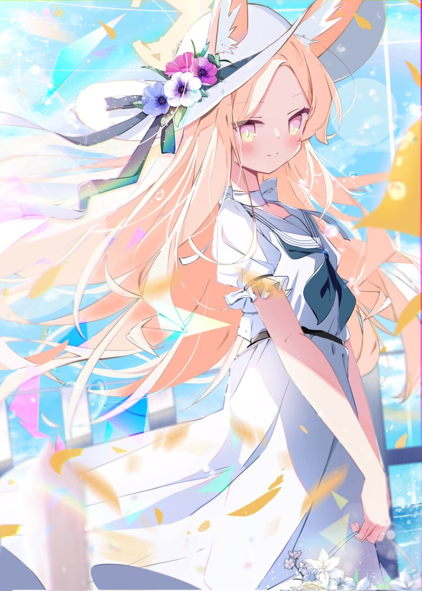 1girl alternate_costume animal_ears ayahosiyuki basket blonde_hair blue_archive blue_neckerchief blurry bokeh choker commentary day depth_of_field dress ears_through_headwear falling_petals floating_clothes floating_hair flower fox_ears fox_girl gradient_eyes hair_flower hair_ornament halo hat hat_ribbon highres holding holding_basket light_particles long_hair looking_at_viewer multicolored_eyes neckerchief ocean petals pink_eyes puffy_short_sleeves puffy_sleeves ribbon ribbon_choker sailor_collar seia_(blue_archive) short_sleeves sun_hat sun_hat_ornament sundress white_dress white_sailor_collar yellow_eyes yellow_halo yellow_petals