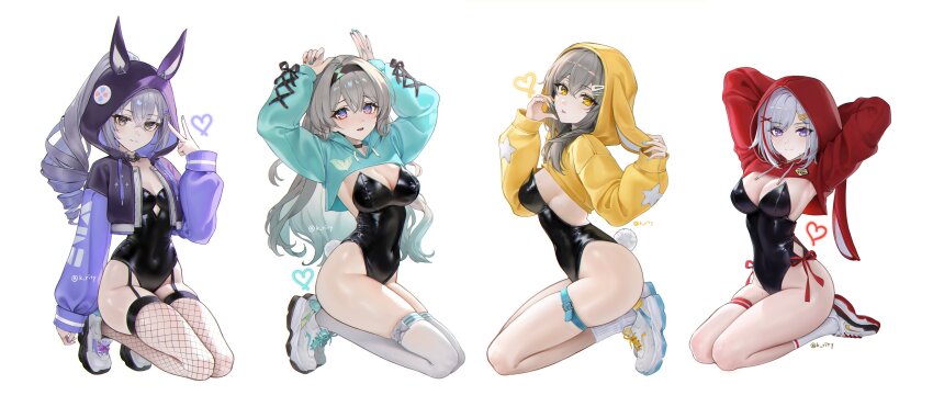 4girls absurdres alternate_costume animal_ears animal_hood aqua_hair armpits arms_behind_head arms_up bare_legs black_choker black_leotard blue_eyes blue_nails breasts choker cleavage closed_mouth cosplay covered_navel cropped_hoodie drawstring fake_animal_ears fake_tail firefly_(honkai:_star_rail) fishnet_thighhighs fishnets floppy_ears full_body gradient_hair grey_eyes grey_hair hair_between_eyes hair_ornament hairclip hands_up heart highleg highleg_leotard highres honkai:_star_rail honkai_(series) hood hood_up hooded_shrug hoodie kneeling large_breasts leotard long_hair long_sleeves looking_at_viewer medium_breasts medium_hair mole mole_on_thigh multicolored_eyes multicolored_hair multicolored_nails multiple_girls nail_polish nike_(company) nontraditional_playboy_bunny parted_bangs parted_lips playboy_bunny ponytail puffy_long_sleeves puffy_sleeves purple_eyes rabbit_ears rabbit_hood rabbit_tail red_hair red_hoodie red_ribbon red_shrug ribbed_socks ribbon rity seiza shoes short_hair shrug_(clothing) side-tie_leotard side_cut silver_wolf_(honkai:_star_rail) simple_background sitting skindentation small_breasts smile sneakers socks stelle_(honkai:_star_rail) strapless strapless_leotard streaked_hair tail thigh_strap thighhighs thighs tongue tongue_out topaz_(honkai:_star_rail) trailblazer_(honkai:_star_rail) twitter_username v white_background white_footwear white_hair white_socks white_thighhighs yellow_eyes yellow_hoodie yellow_nails