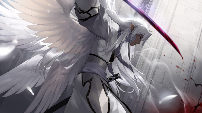 1boy angel angel_wings artist_request blood check_artist dark-skinned_male dark_skin ein_lee feathered_wings game_cg highres holding holding_sword holding_weapon long_hair long_sleeves male_focus non-web_source pointy_ears solo sword tevi tybrious_(tevi) weapon white_hair wings