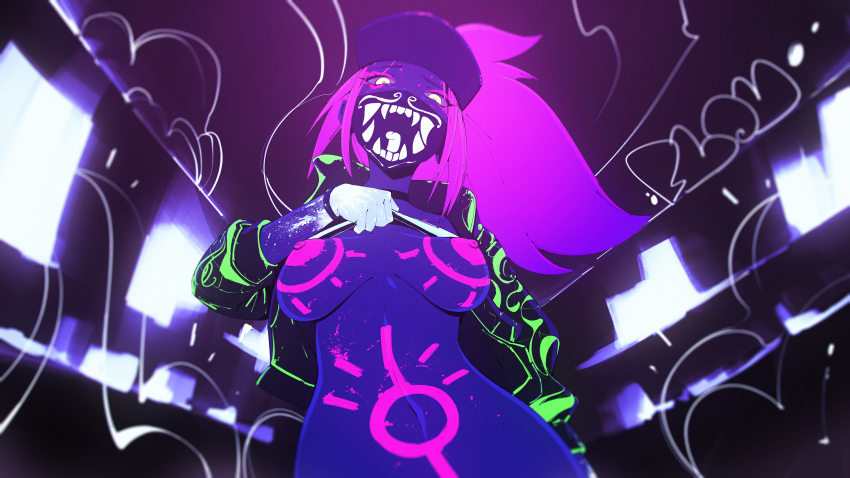 1girl absurdres akali baseball_cap black_choker bracelet breasts choker clothes_lift colored_nipples cropped_jacket flou_(flou_art) hat highres jacket jewelry k/da_(league_of_legends) k/da_akali large_breasts league_of_legends lifting_own_clothes long_hair looking_at_viewer mask midriff mouth_mask navel nipples no_bra non-web_source ponytail raver shirt_lift solo spray_paint stomach ultraviolet_light undressing upper_body yellow_eyes