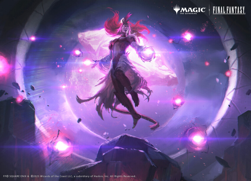 1boy copyright_name copyright_notice crystal energy_ball final_fantasy final_fantasy_ix floating glowing highres joshua_raphael kuja magic:_the_gathering monkey_tail official_art pink_fur pink_hair solo tail trance_kuja white_fur