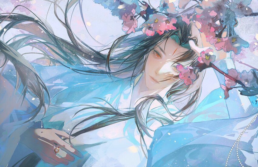 1boy branch brown_hair chinese_clothes chinese_commentary closed_mouth facial_mark flower forehead_mark hand_on_own_chest hand_up hanfu highres jewelry liu_yao long_hair long_sleeves looking_at_viewer male_focus middle_ring pink_flower ring solo white_hanfu wide_sleeves xu_liang yan_zhengming yellow_eyes