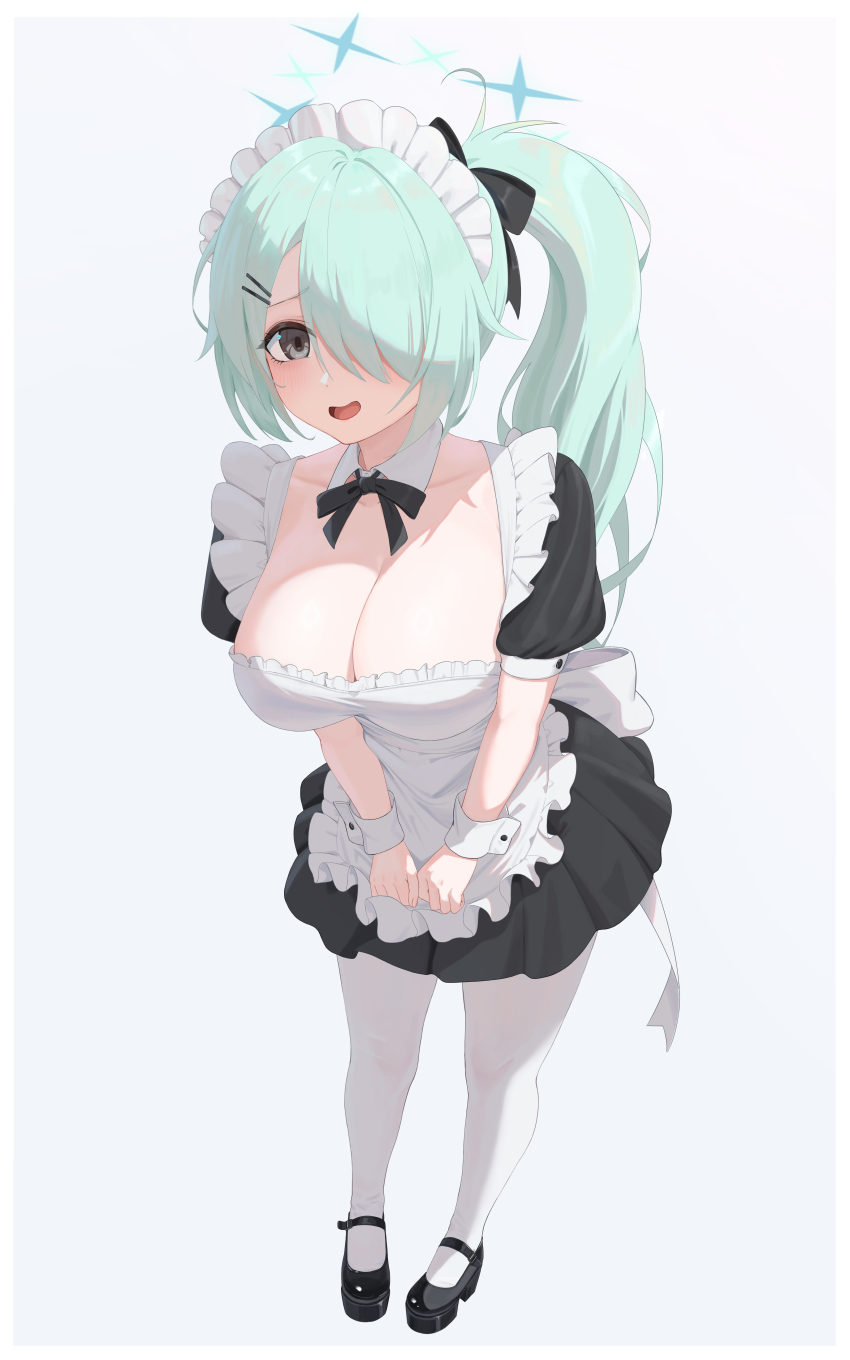 1girl absurdres alternate_costume apron aqua_hair aqua_halo black_dress black_ribbon black_shoes blue_archive breasts cleavage dress enmaided frilled_apron frills grey_eyes hair_over_one_eye hair_ribbon halo highres hiyori_(blue_archive) large_breasts looking_at_viewer maid maid_apron pantyhose pige_pig puffy_short_sleeves puffy_sleeves ribbon shoes short_dress short_sleeves side_ponytail solo waist_apron white_apron white_pantyhose white_wrist_cuffs wrist_cuffs