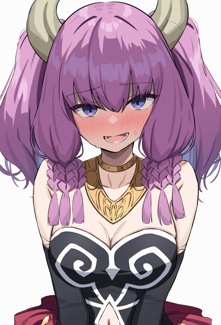 1girl alternate_hairstyle amenocchi aura_(sousou_no_frieren) black_gloves blush braid breasts cleavage clothing_cutout demon_horns elbow_gloves embarrassed gloves highres horns irl long_hair looking_at_viewer medium_breasts multiple_braids navel navel_cutout nervous_smile nose_blush pink_hair purple_eyes simple_background smile solo sousou_no_frieren sweatdrop twintails upper_body white_background