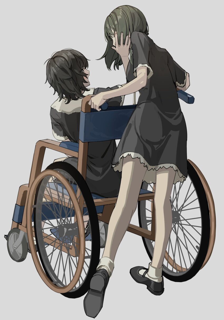 2girls black_hair black_shoes flowers_(innocent_grey) green_hair grey_background hand_on_another&#039;s_cheek hand_on_another&#039;s_face highres looking_at_another mary_janes medium_hair multiple_girls open_mouth shishima_eichi shoes short_hair simple_background sitting socks standing takasaki_chidori wheelchair white_socks yaegaki_erika