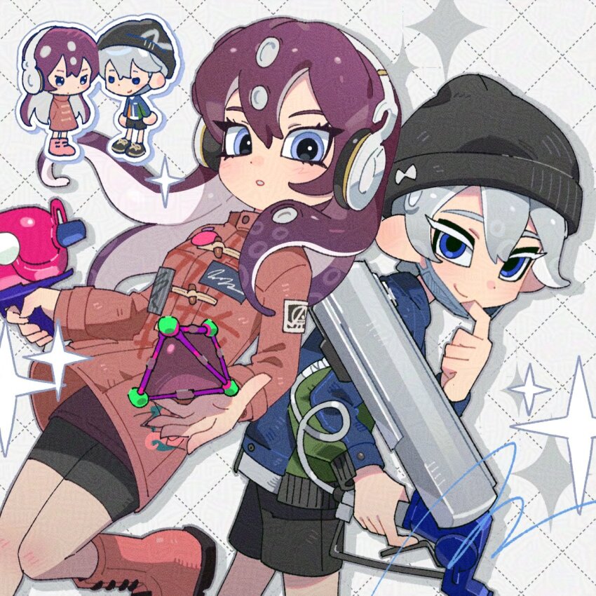 1boy 1girl adjusting_mask beanie black_hat black_shorts blue_eyes blue_jacket blue_mask boots chibi chibi_inset closed_mouth colored_eyelashes commentary_request denim denim_jacket dot_nose e-liter_4k_(splatoon) grey_hair hair_between_eyes half-closed_eyes hat headphones hg_swdiary highres holding holding_weapon jacket korean_commentary leg_up long_hair long_sleeves looking_at_viewer mask miniskirt mouth_mask nintendo octoling octoling_boy octoling_girl octoling_player_character open_hand parted_lips purple_hair purple_skirt red_footwear red_jacket short_hair shorts shorts_under_skirt skirt smile splat_bomb_(splatoon) splatoon_(series) splattershot_(splatoon) tentacle_hair weapon