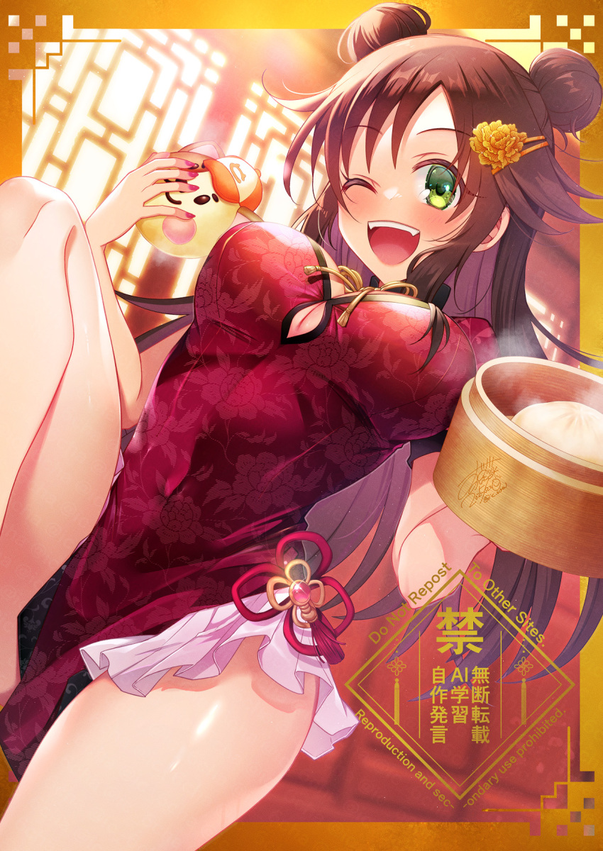 1girl ;d bamboo_steamer bare_legs blush breasts brown_hair china_dress chinese_clothes cleavage_cutout clothing_cutout double_bun dress food hair_bun highres himekawa_yuki idolmaster idolmaster_cinderella_girls indoors long_hair looking_at_viewer medium_breasts one_eye_closed open_mouth pelvic_curtain red_dress smile solo steamed_bun suzunari_ichigo_(rokkencyaya) very_long_hair watermark