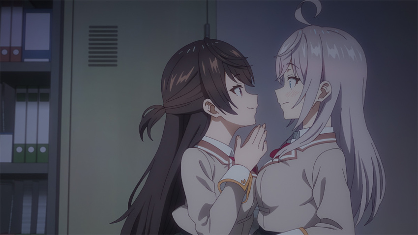 2girls ahoge alisa_mikhailovna_kujou anime_screenshot black_hair blazer blue_eyes blush bow bowtie breasts closed_mouth collared_shirt cropped_jacket eye_contact from_side grey_hair grey_jacket half_updo indoors jacket lapels long_hair long_sleeves looking_at_another multiple_girls notched_lapels official_art profile purple_eyes red_bow red_bowtie school_uniform seiren_academy_school_uniform shirt suou_yuki tokidoki_bosotto_roshia-go_de_dereru_tonari_no_alya-san upper_body white_hair white_shirt wing_collar