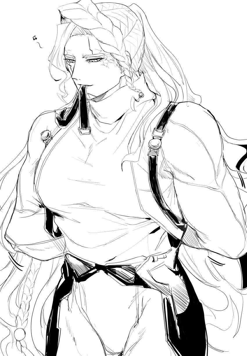 1boy absurdres alessandro_di_cagliostro_(fate) arms_behind_back beamed_eighth_notes biceps bodysuit braid braided_bangs chest_strap covered_pectorals cowboy_shot cracked_skin fate/grand_order fate_(series) goat greyscale groin highres k_ruc long_hair male_focus monochrome mouth_hold musical_note pectorals ponytail ringed_eyes sketch solo toned toned_male tying very_long_hair