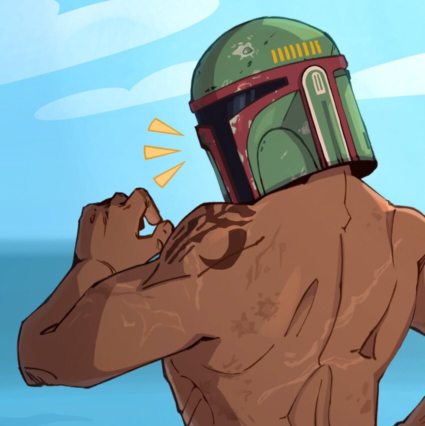 1boy blue_sky boba_fett cloud cobalt_beam dark-skinned_male dark_skin day helmet highres mandalorian mandalorian_helmet outdoors scar scar_on_arm scar_on_back shoulder_tattoo sky solo star_wars tattoo upper_body