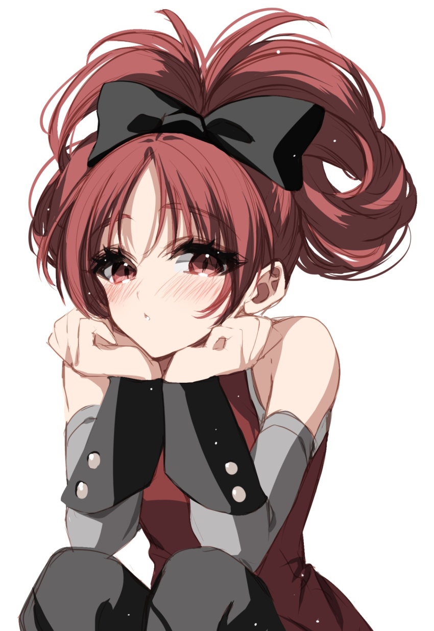 1girl :o alternate_hairstyle black_bow bow cinnamiku_hairstyle dress hair_bow head_on_hands highres mahou_shoujo_madoka_magica misteor parted_lips red_dress red_eyes red_hair sakura_kyoko sakura_kyoko_(magical_girl) solo squatting
