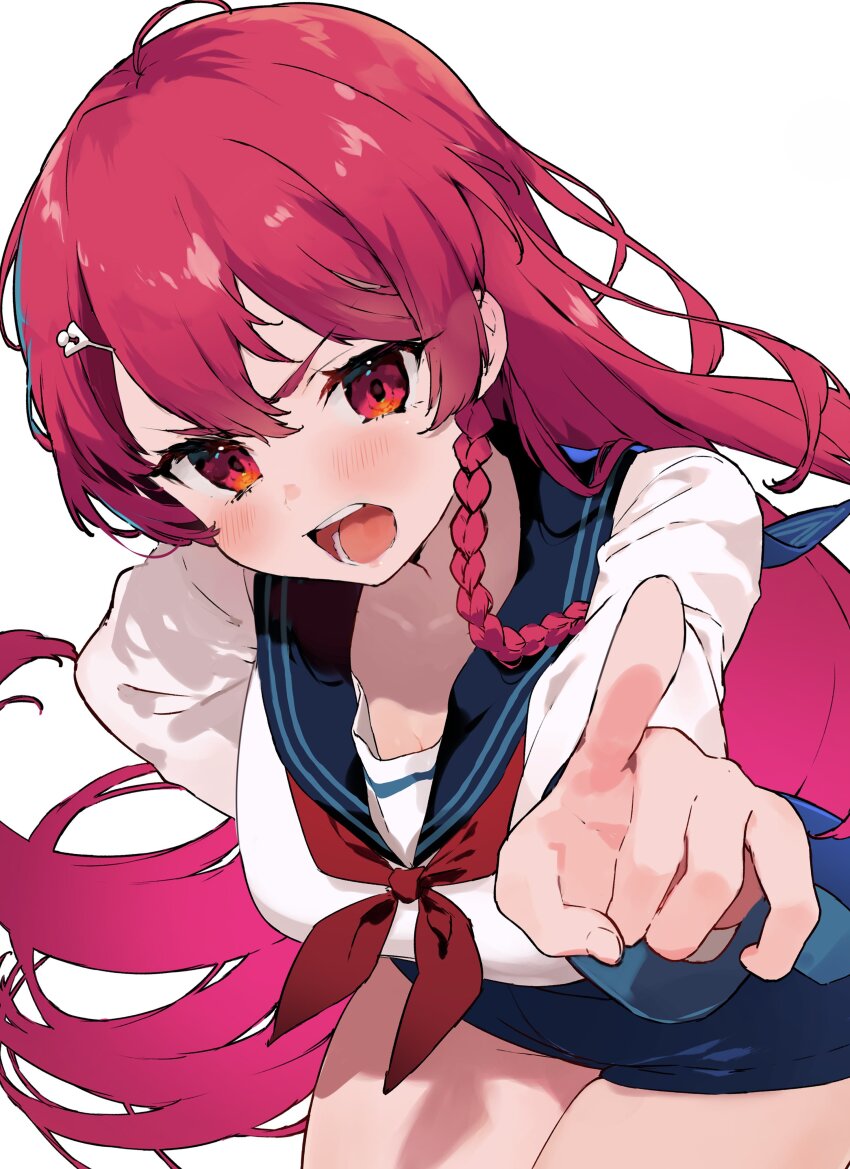1girl absurdres arataka_mimi blue_sailor_collar blue_shorts blush braid breasts cmyk:_sameda_kazuou_wa_chuunibyou_ga_naosenai cowboy_shot floating_hair foreshortening glaring hand_on_own_hip highres koba large_breasts leaning_forward long_hair long_sleeves looking_at_viewer micro_shorts neckerchief open_mouth pointing pointing_at_viewer red_eyes red_hair red_neckerchief sailor_collar shirt shorts side_braid simple_background solo standing thick_thighs thighs v-shaped_eyebrows white_background white_sailor_collar white_shirt