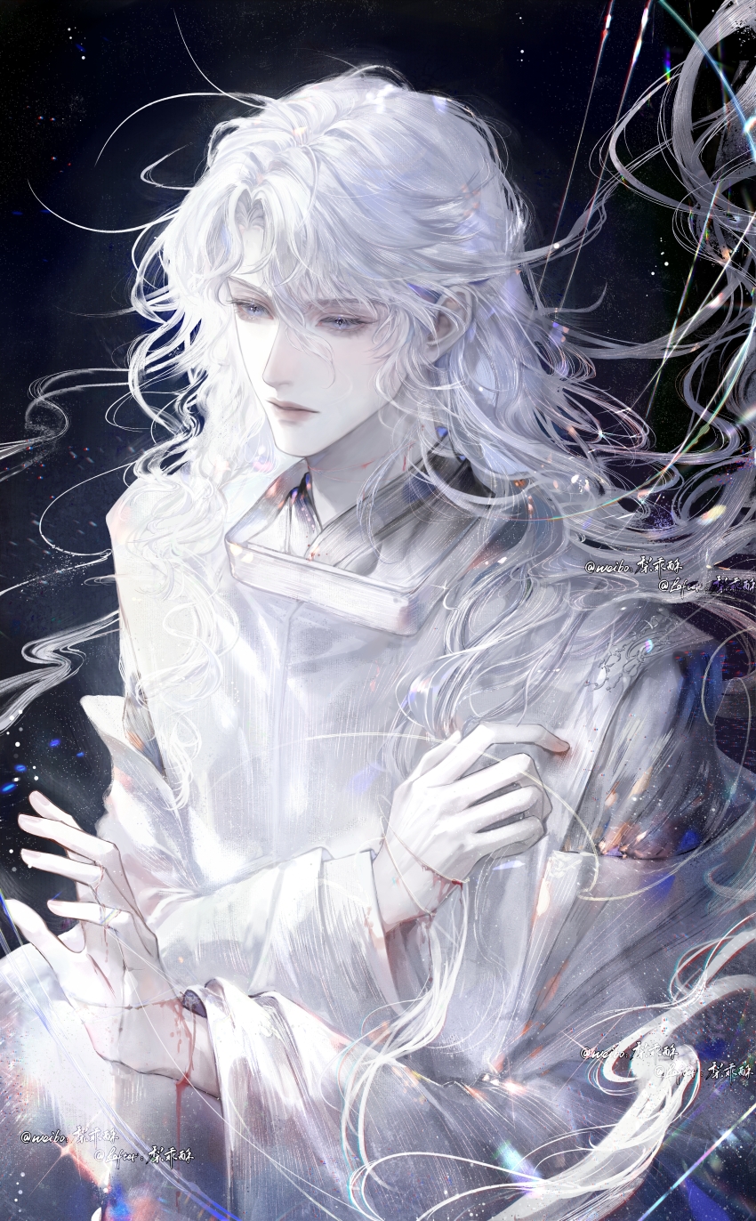 1boy absurdres black_background blood curtained_hair cuts floating_hair grey_eyes hair_between_eyes hair_over_shoulder highres i_became_a_god_in_a_horror_game injury li_guai_su long_bangs long_hair long_sleeves looking_ahead male_focus mandarin_collar parted_bangs parted_hair parted_lips shirt sidelighting sidelocks solo string tavel three_quarter_view upper_body watermark white_hair white_shirt white_sleeves wide_sleeves wire