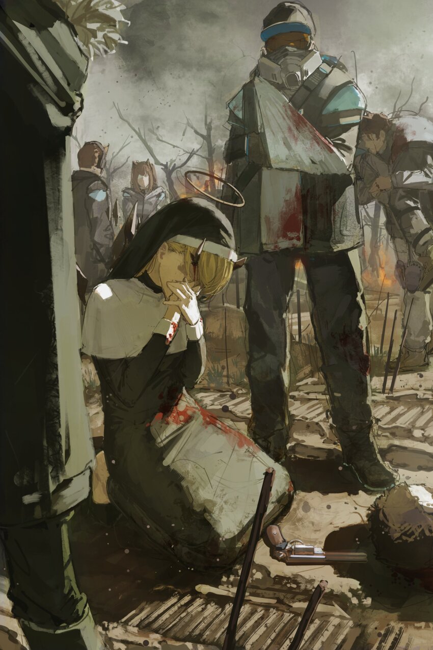 1other 2boys 2girls absurdres arknights arm_sling black_dress black_hat black_jacket black_pants black_veil blood blood_on_clothes brown_hair dress gandy_(gan3e46) grey_sky gun halo handgun hat highres horns jacket kneeling mask mouth_mask multiple_boys multiple_girls nun pants sky traditional_nun veil weapon