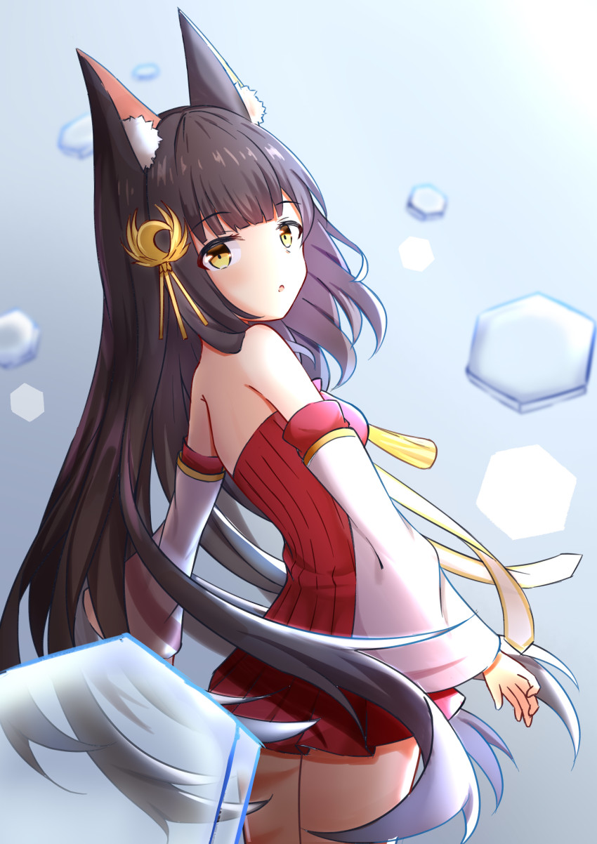 1girl absurdres animal_ears azur_lane bare_shoulders bird_hair_ornament black_hair blunt_bangs commentary_request detached_sleeves dress fox_ears from_behind gradient_background hair_ornament highres juiceneko long_hair looking_at_viewer looking_back nagato_(azur_lane) off-shoulder_dress off_shoulder parted_lips red_dress sidelocks simple_background solo strapless strapless_dress yellow_eyes