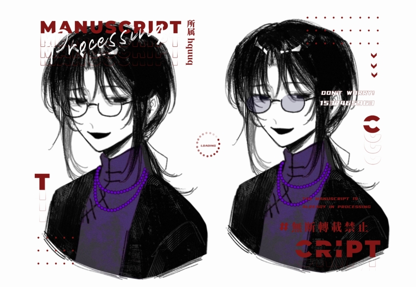 1boy bead_necklace beads black_eyes black_hair black_jacket chinese_commentary commentary_request commission cropped_shoulders curtained_hair glasses highres huai_yunqing jacket jewelry lizhuyoulei male_focus mandarin_collar medium_hair necklace open_clothes open_jacket open_mouth parted_bangs purple_shirt second-party_source semi-rimless_eyewear shirt sidelocks simple_background smile sunglasses touqi_guaitan watermark white_background