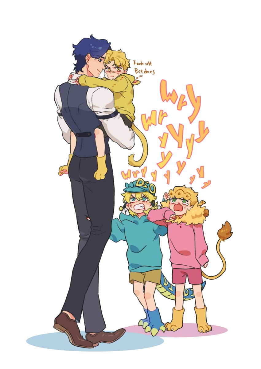 4boys absurdres aged_down angry arm_strap bandage_on_face bandages bandaid bandaid_on_face black_pants blonde_hair blood blue_eyes blue_hair blue_hoodie blue_vest braid carrying clenched_teeth closed_mouth commentary_request diego_brando dinosaur_tail dio_brando father_and_son full_body giorno_giovanna hat highres honlo hood hoodie hug jojo_no_kimyou_na_bouken jonathan_joestar lifting_person lion_paw lion_tail long_hair long_sleeves looking_at_another male_focus multiple_boys orange_eyes pants phantom_blood pink_hoodie pink_shorts shirt short_hair shorts smile steel_ball_run tail teeth time_paradox vento_aureo vest white_shirt wryyyyyyyyyyyyyyyyyyyy yellow_hoodie yellow_shorts