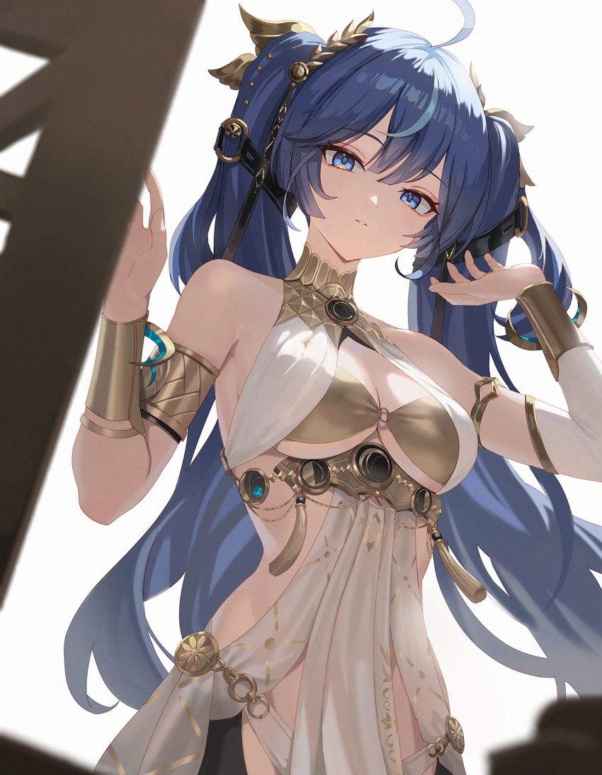 1girl ahoge ancient_greek_clothes armlet bare_shoulders blue_eyes blue_hair breasts cleavage commentary_request ddcc0123 gold_bra greco-roman_clothes hair_belt hands_up head_wreath highres iuno_(wuthering_waves) jewelry long_hair looking_at_viewer medium_breasts multicolored_hair parted_lips solo streaked_hair twintails underboob upper_body wuthering_waves