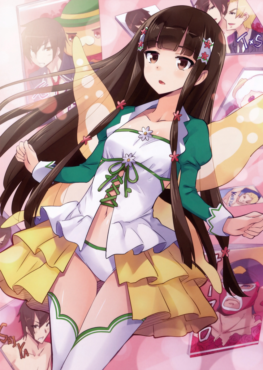 10s 1girl absurdres amagi_brilliant_park blush brown_eyes brown_hair collarbone fairy_wings female_focus flower fujoshi hair_flower hair_ornament highres huge_filesize juliet_sleeves kanie_seiya koborii_(amaburi) kurisu_takaya light_blush long_hair long_sleeves macaron_(amaburi) manga_(object) matching_hair/eyes moffle navel official_art open_mouth panties pornography puffy_sleeves scan showgirl_skirt solo thighhighs underwear usatsuka_eiji very_long_hair white_panties white_thighhighs wings yaoi_(object)