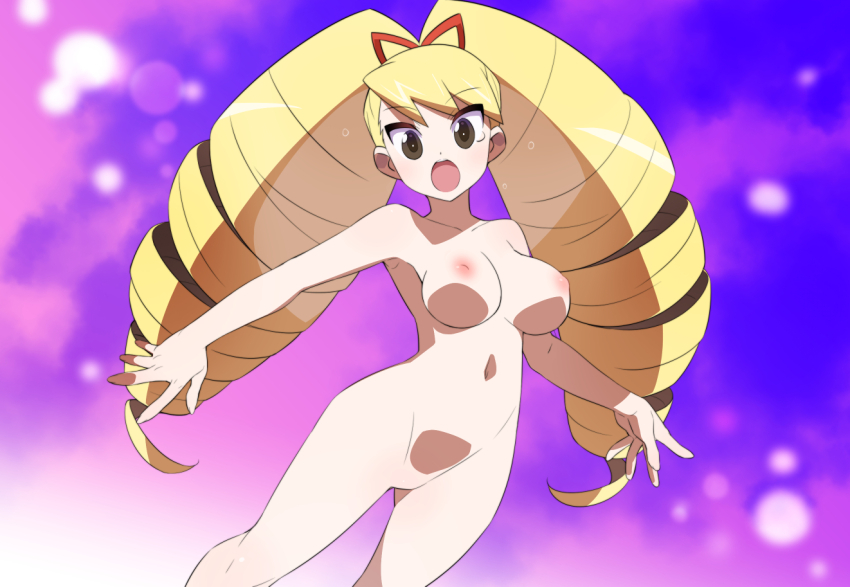 1girl blonde_hair bow breast_expansion breasts completely_nude em_wave_change_(mega_man) hair_bow henshin kaidou_zx long_hair luna_platz_(mega_man) mega_man_(series) mega_man_star_force_(series) navel nipples no_pussy nude open_mouth red_bow surprised variant_set very_long_hair