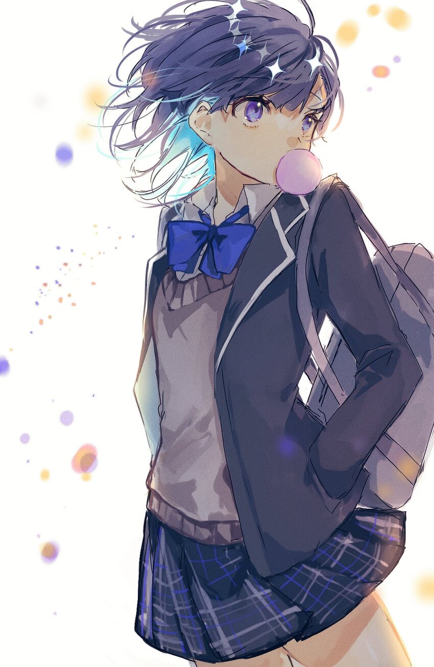 1girl bag blue_bow blue_bowtie blue_eyes bow bowtie bubble chewing_gum collared_shirt highres jacket medalist_(manga) momomomo_84 okazaki_iruka plaid_clothes plaid_skirt school_uniform shirt skirt solo vest white_shirt