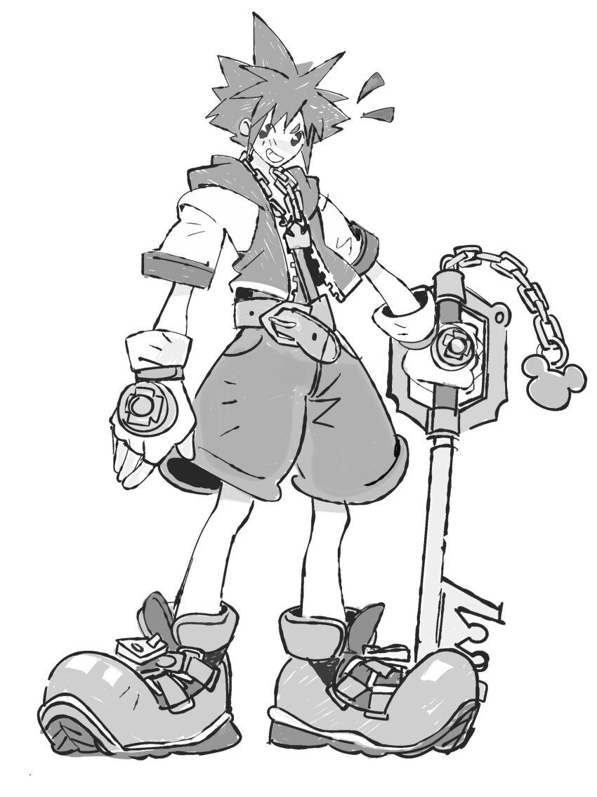 1boy belt bodysuit boots chain chain_necklace cropped_jacket fingerless_gloves full_body furrowed_brow gloves greyscale grin highres holding holding_weapon jaysoysaucee jewelry keyblade kingdom_hearts light_blush loose_belt male_focus monochrome necklace short_hair short_sleeves sketch smile solo sora_(kingdom_hearts) spiked_hair teeth weapon white_background white_gloves