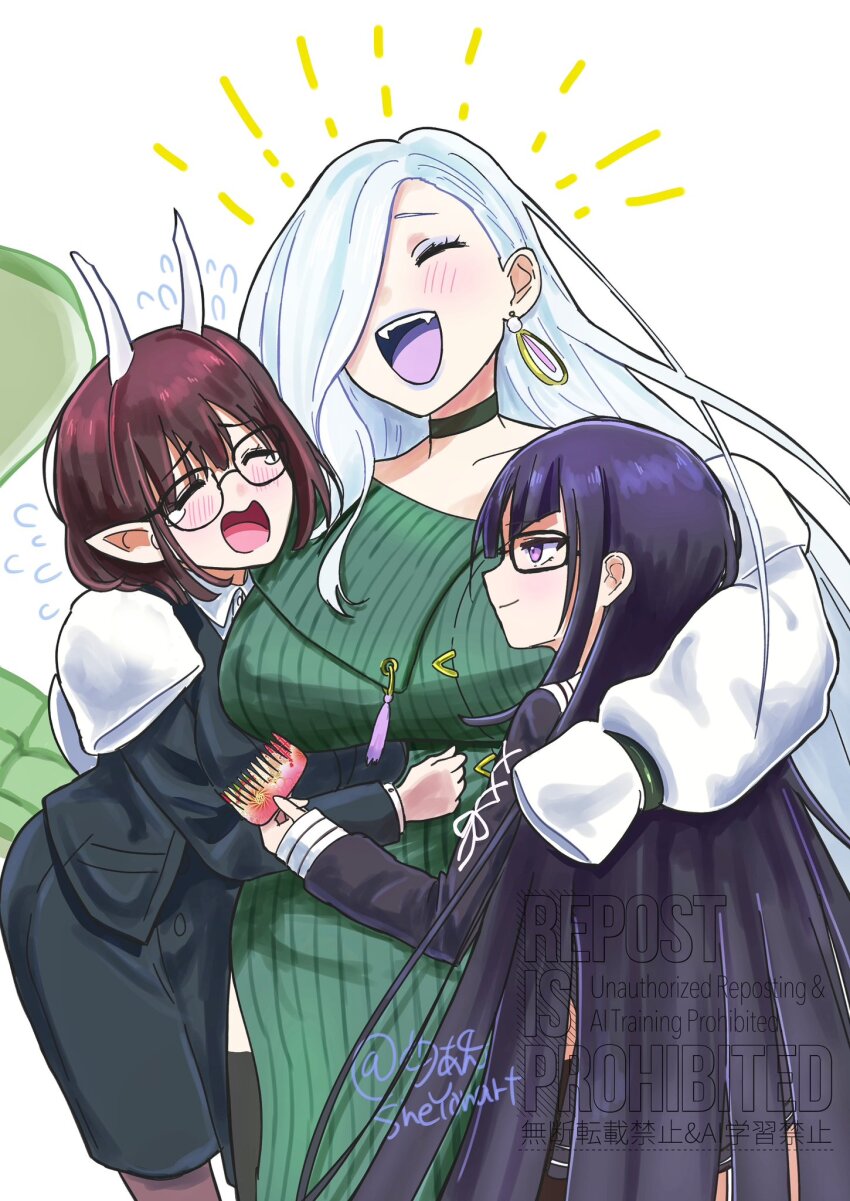 3girls bare_shoulders biscione_(fate) biscione_(first_ascension)_(fate) black_hair black_jacket black_serafuku black_shirt black_skirt blue_lips blush breasts brown_hair brown_pantyhose choker closed_eyes collarbone collared_shirt dragon_girl dragon_tail dress earrings eyeliner fate/grand_order fate_(series) glasses green_dress hair_ornament hair_over_one_eye highres hoop_earrings horns hug jacket jewelry kurohime_(fate) large_breasts long_hair long_sleeves makeup medium_breasts mrs._snake_(fate) multiple_girls off_shoulder open_mouth pantyhose pencil_skirt pointy_ears purple_eyes sailor_collar school_uniform serafuku sheyona shirt short_hair sidelocks skirt smile sweater sweater_dress tail tassel very_long_hair white_hair white_jacket white_sailor_collar white_shirt
