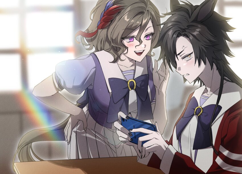 2girls air_shakur_(umamusume) animal_ears annoyed black_hair black_nails blurry blurry_background blush bow bowtie breasts brown_hair cellphone clenched_teeth desk eyebrow_piercing hand_on_own_hip highres holding holding_phone horse_ears horse_girl horse_tail indoors jacket leaning_forward lens_flare long_hair long_sleeves looking_at_another looking_at_viewer multicolored_hair multiple_girls open_mouth phone piercing purple_eyes purple_shirt school_uniform shirt short_hair short_sleeves sideways_glance sideways_mouth sitting skirt small_breasts smartphone smile standing streaked_hair tail tap_dance_city_(umamusume) teeth tracen_school_uniform track_jacket uma_ozisan umamusume upper_body white_skirt window yellow_eyes