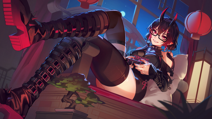 1girl belt_boots black-framed_eyewear black_boots black_hair black_nails black_shirt black_skirt black_thighhighs bonsai boots bra bra_peek breasts clothing_cutout collar colored_shoe_soles commentary commission controller crossed_legs dethmaid earrings english_commentary fingernails full_moon game_controller glasses grin hair_between_eyes hair_extensions high_heel_boots high_heels highres holding holding_controller holding_game_controller horns indie_virtual_youtuber indoors jewelry knee_boots lantern large_breasts lattice legs long_fingernails looking_at_viewer maki_(oni_kanzei) moon nail_polish night paper_lantern pillow platform_boots pointy_ears reclining red_eyes ring_hair_extensions see-through_clothes see-through_shirt semi-rimless_eyewear shirt shoe_soles shoulder_cutout skirt smile solo spiked_boots spiked_collar spikes thighhighs under-rim_eyewear underwear