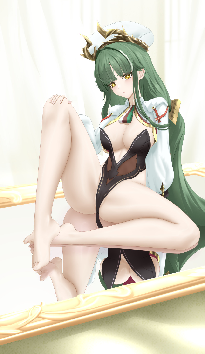 1girl absurdres azur_lane barefoot black_leotard breasts cameltoe closed_mouth cross-shaped_pupils green_hair hair_intakes hand_on_own_knee hat horned_hat highres junwu knee_up leotard long_hair looking_at_viewer medium_breasts multicolored_hair raffaello_(azur_lane) reflection shrug_(clothing) sitting sitting_on_mirror solo spread_legs streaked_hair symbol-shaped_pupils toes very_long_hair white_hair white_hat white_shrug x_x yellow_eyes